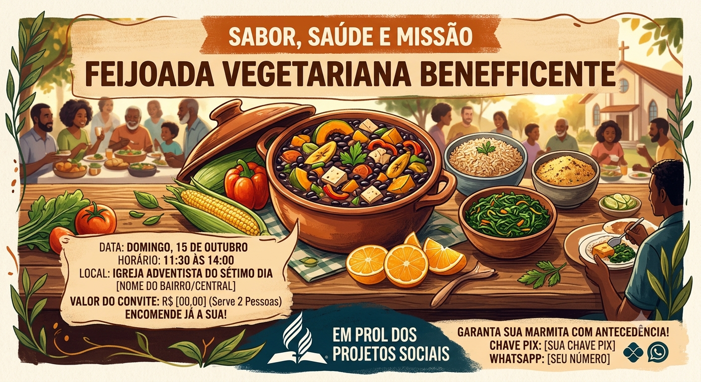 Logomarca do evento Sabor, Saúde e Missão: Nossa Feijoada Vegetariana Beneficente!